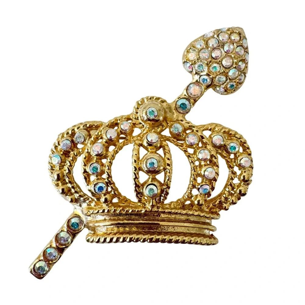 Vintage Gold Sparkly‎ Aurora Borealis Crown Pin Brooch, Princess, Queen, Sparkly